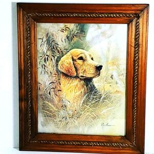 Vintage Ruane Manning Hunting Golden Labrador Retriever Dog Art Lithograph, Wood